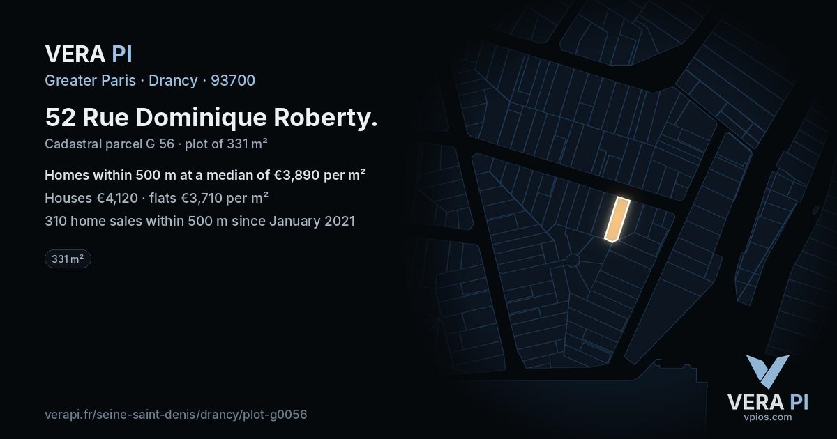 52 Rue Dominique Roberty, Drancy at night – the plot lit, the parcels around coloured by the prices near them