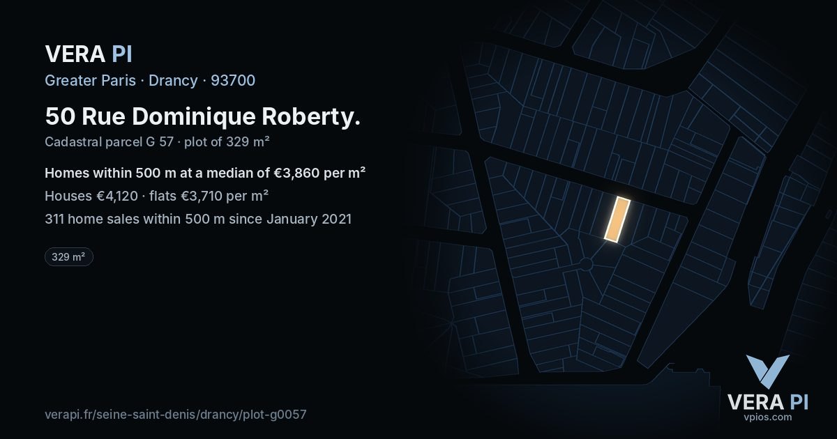 50 Rue Dominique Roberty, Drancy at night – the plot lit, the parcels around coloured by the prices near them