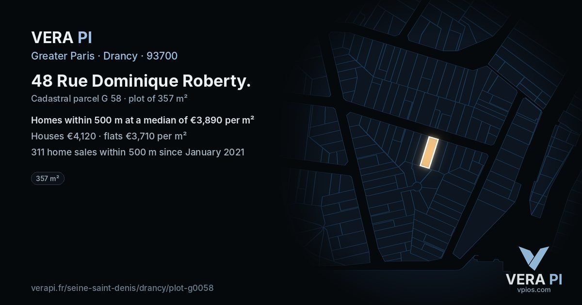 48 Rue Dominique Roberty, Drancy at night – the plot lit, the parcels around coloured by the prices near them