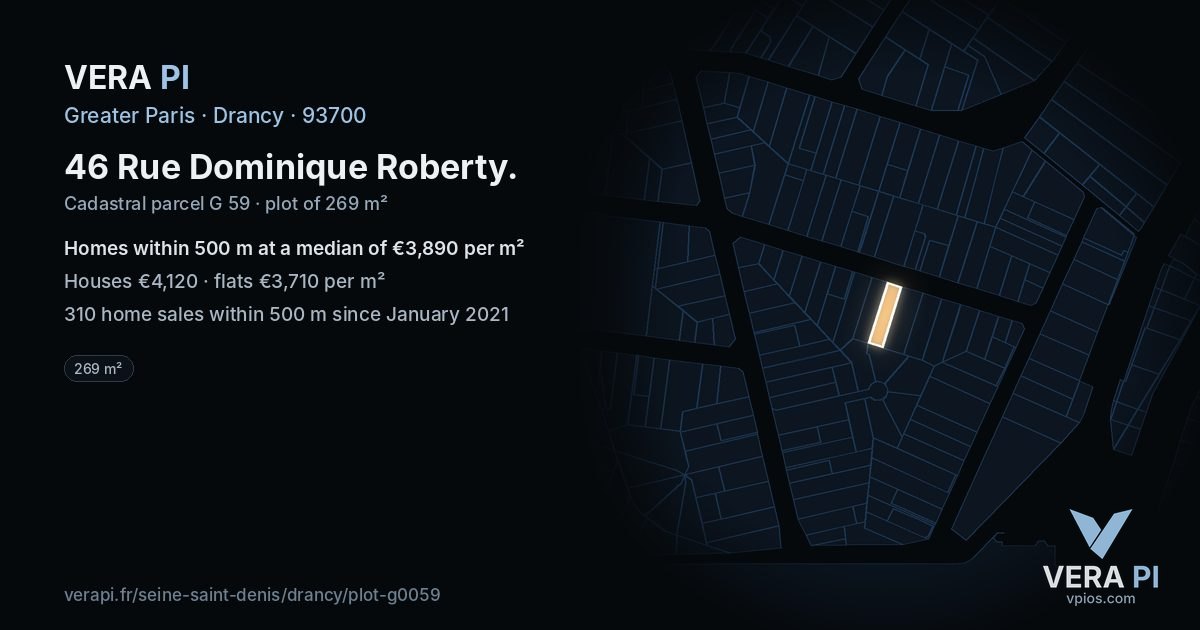 46 Rue Dominique Roberty, Drancy at night – the plot lit, the parcels around coloured by the prices near them