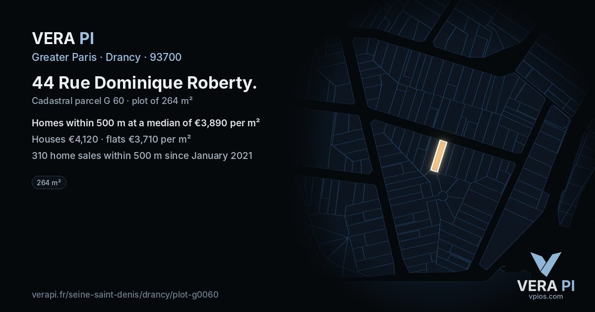 44 Rue Dominique Roberty, Drancy at night – the plot lit, the parcels around coloured by the prices near them