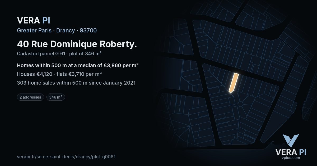 40 Rue Dominique Roberty, Drancy at night – the plot lit, the parcels around coloured by the prices near them