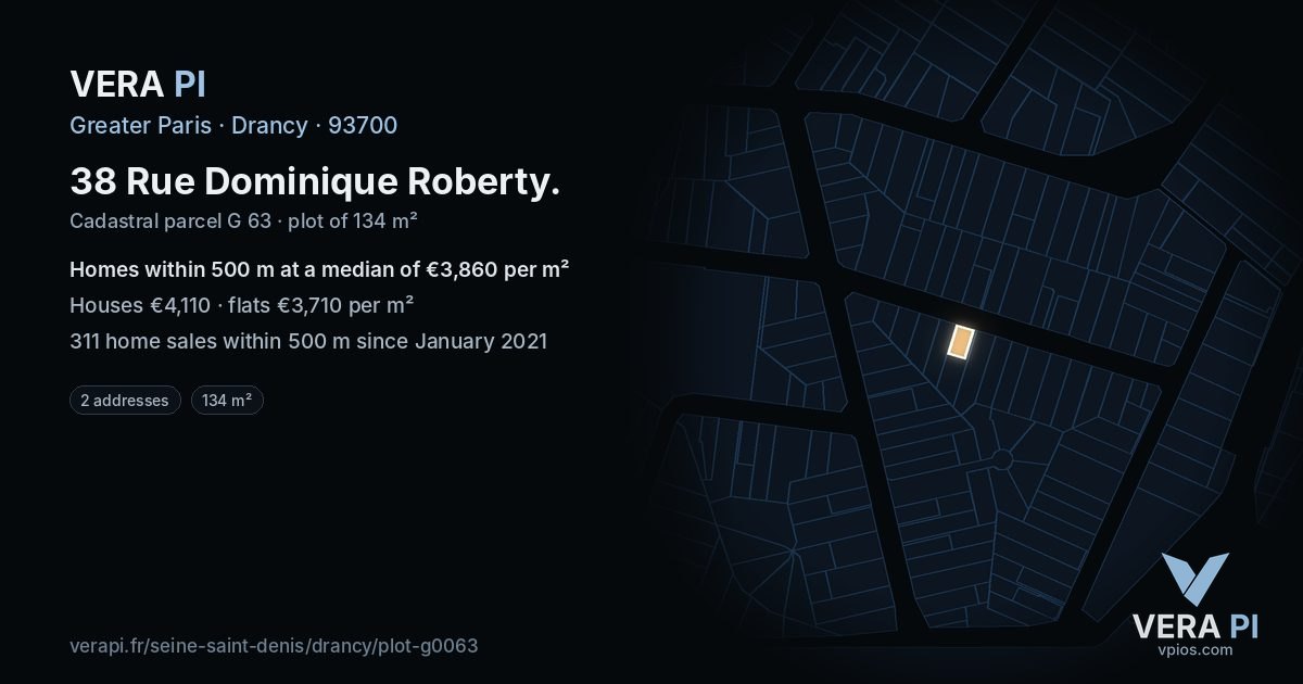38 Rue Dominique Roberty, Drancy at night – the plot lit, the parcels around coloured by the prices near them