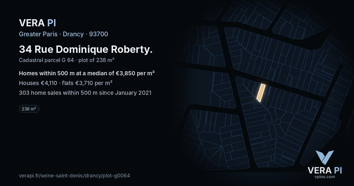 34 Rue Dominique Roberty, Drancy at night – the plot lit, the parcels around coloured by the prices near them