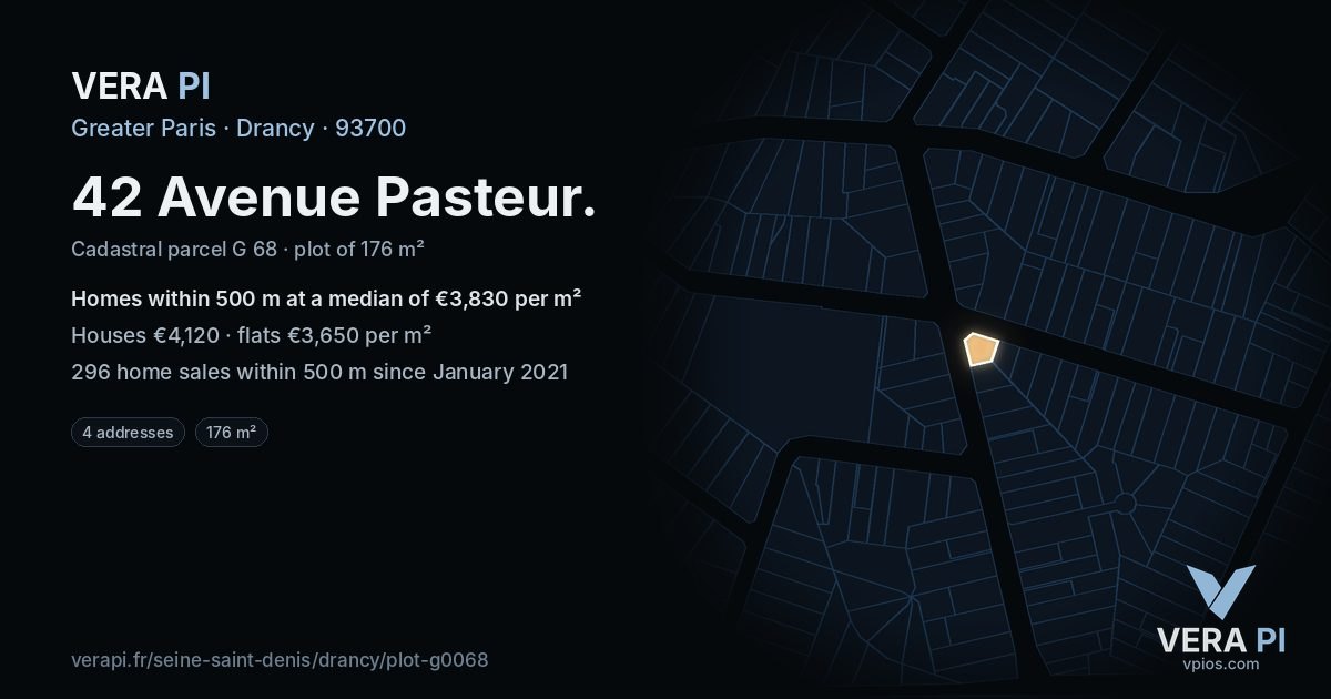 42 Avenue Pasteur, Drancy at night – the plot lit, the parcels around coloured by the prices near them