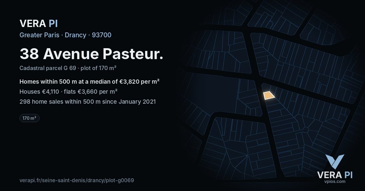 38 Avenue Pasteur, Drancy at night – the plot lit, the parcels around coloured by the prices near them