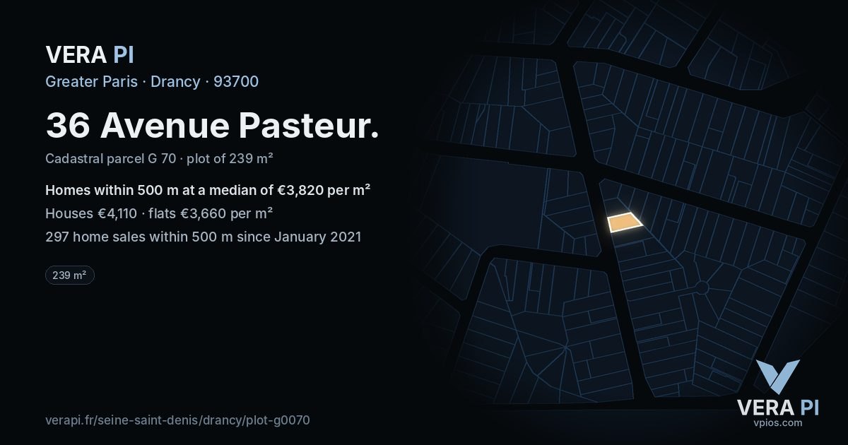 36 Avenue Pasteur, Drancy at night – the plot lit, the parcels around coloured by the prices near them
