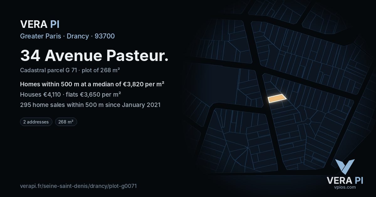 34 Avenue Pasteur, Drancy at night – the plot lit, the parcels around coloured by the prices near them