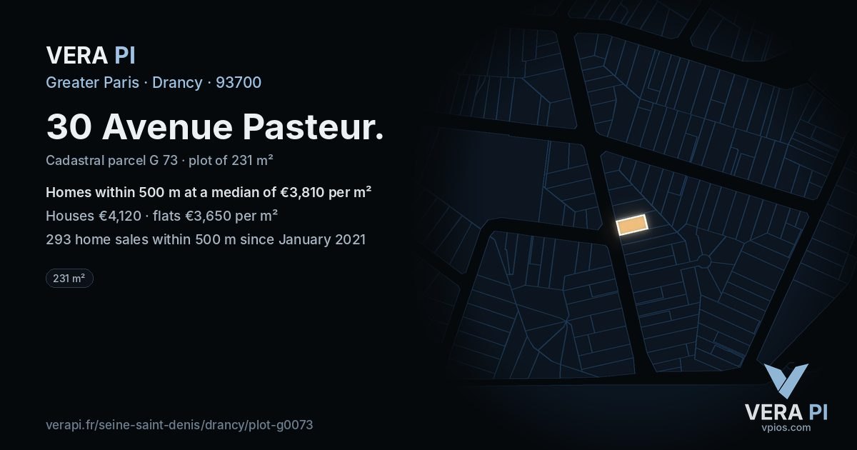 30 Avenue Pasteur, Drancy at night – the plot lit, the parcels around coloured by the prices near them
