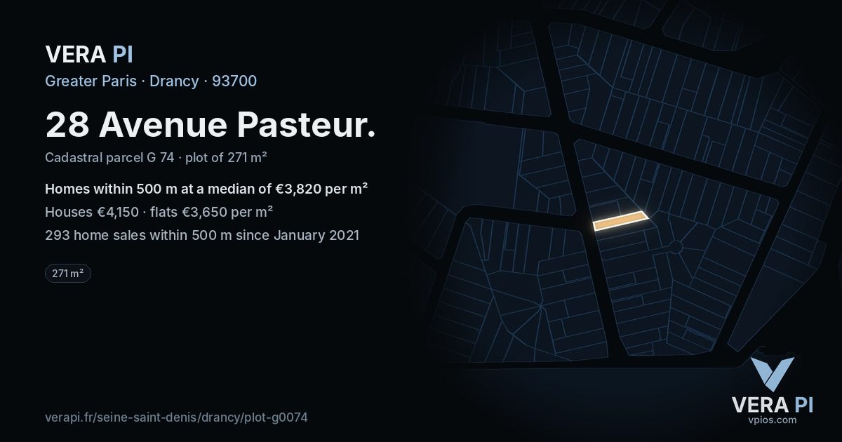 28 Avenue Pasteur, Drancy at night – the plot lit, the parcels around coloured by the prices near them