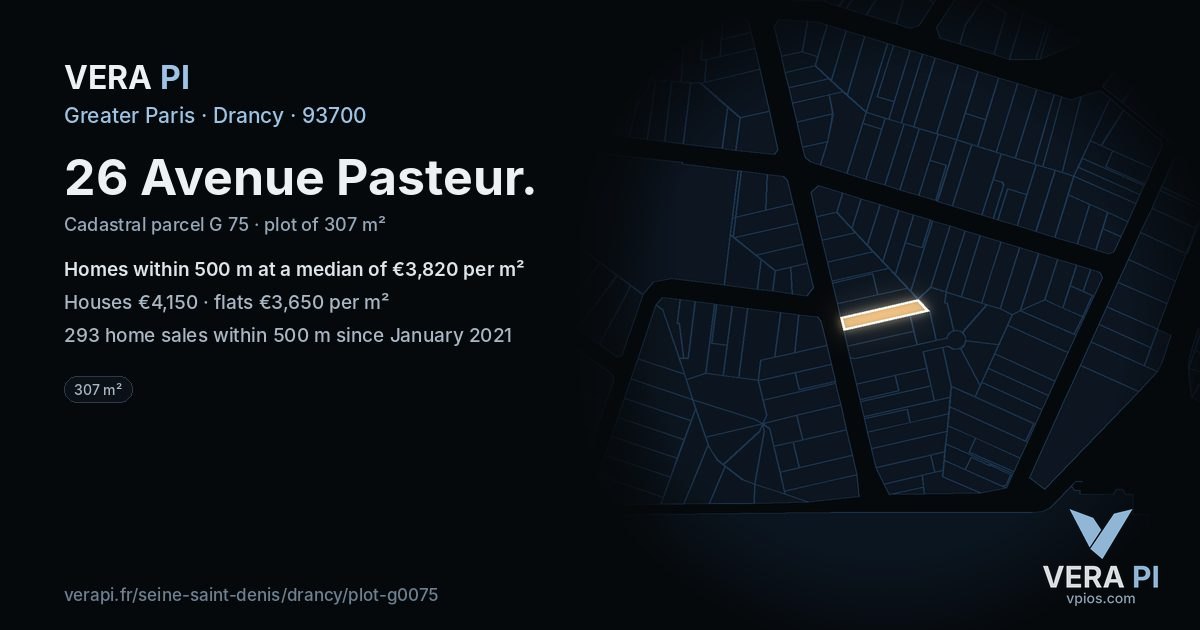26 Avenue Pasteur, Drancy at night – the plot lit, the parcels around coloured by the prices near them