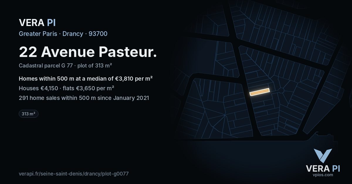 22 Avenue Pasteur, Drancy at night – the plot lit, the parcels around coloured by the prices near them