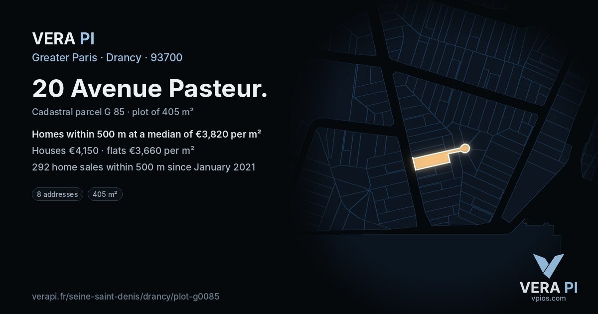 20 Avenue Pasteur, Drancy at night – the plot lit, the parcels around coloured by the prices near them
