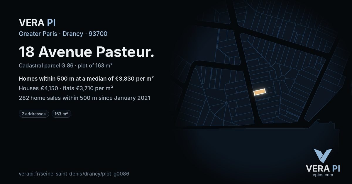 18 Avenue Pasteur, Drancy at night – the plot lit, the parcels around coloured by the prices near them