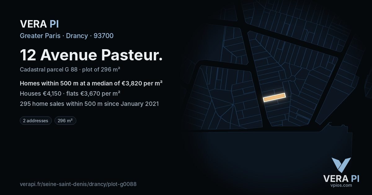 12 Avenue Pasteur, Drancy at night – the plot lit, the parcels around coloured by the prices near them