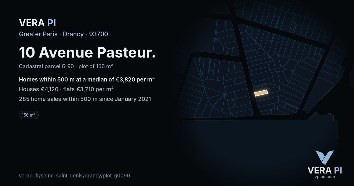 10 Avenue Pasteur, Drancy at night – the plot lit, the parcels around coloured by the prices near them