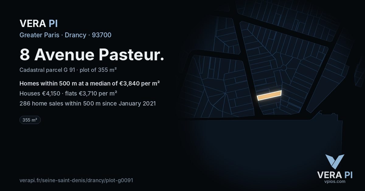 8 Avenue Pasteur, Drancy at night – the plot lit, the parcels around coloured by the prices near them