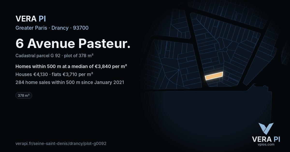 6 Avenue Pasteur, Drancy at night – the plot lit, the parcels around coloured by the prices near them