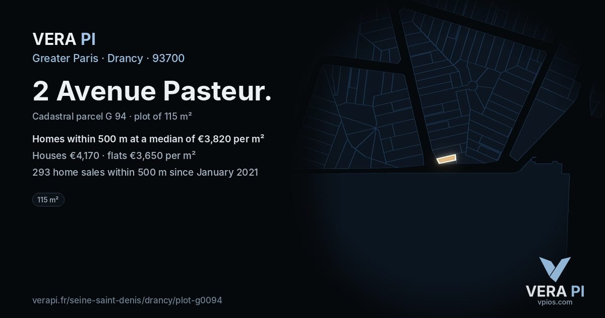 2 Avenue Pasteur, Drancy at night – the plot lit, the parcels around coloured by the prices near them