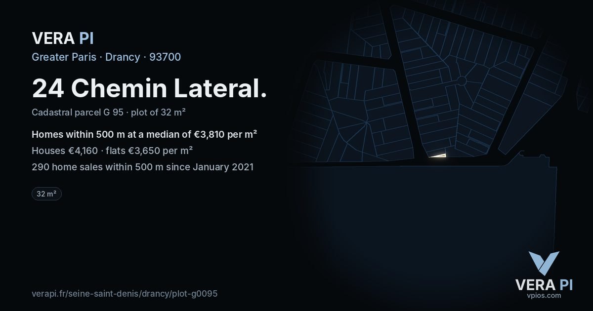 24 Chemin Lateral, Drancy at night – the plot lit, the parcels around coloured by the prices near them