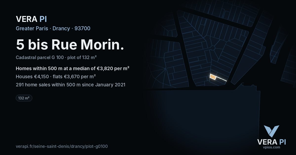 5 bis Rue Morin, Drancy at night – the plot lit, the parcels around coloured by the prices near them