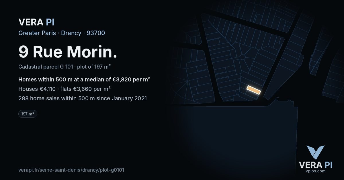 9 Rue Morin, Drancy at night – the plot lit, the parcels around coloured by the prices near them
