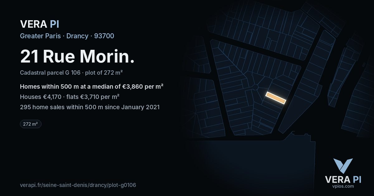 21 Rue Morin, Drancy at night – the plot lit, the parcels around coloured by the prices near them