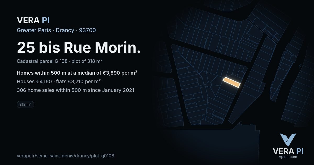 25 bis Rue Morin, Drancy at night – the plot lit, the parcels around coloured by the prices near them