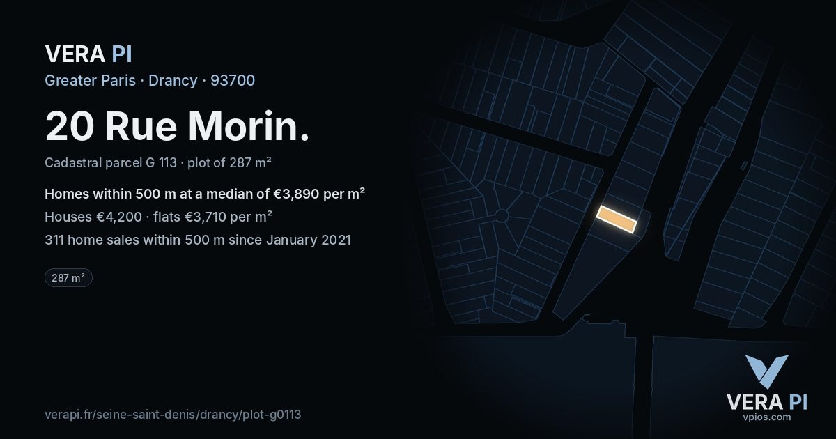 20 Rue Morin, Drancy at night – the plot lit, the parcels around coloured by the prices near them