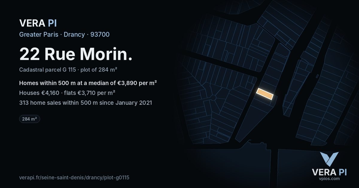 22 Rue Morin, Drancy at night – the plot lit, the parcels around coloured by the prices near them