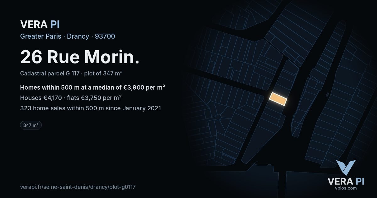 26 Rue Morin, Drancy at night – the plot lit, the parcels around coloured by the prices near them