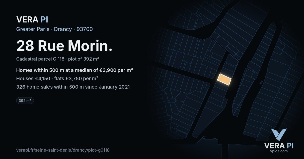 28 Rue Morin, Drancy at night – the plot lit, the parcels around coloured by the prices near them