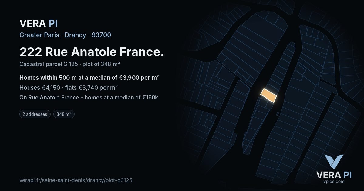 222 Rue Anatole France, Drancy at night – the plot lit, the parcels around coloured by the prices near them