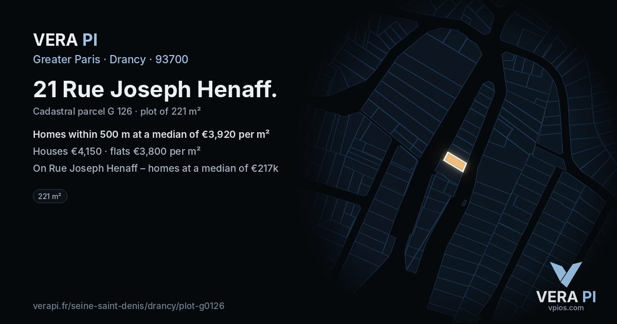 21 Rue Joseph Henaff, Drancy at night – the plot lit, the parcels around coloured by the prices near them