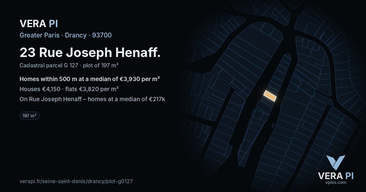 23 Rue Joseph Henaff, Drancy at night – the plot lit, the parcels around coloured by the prices near them