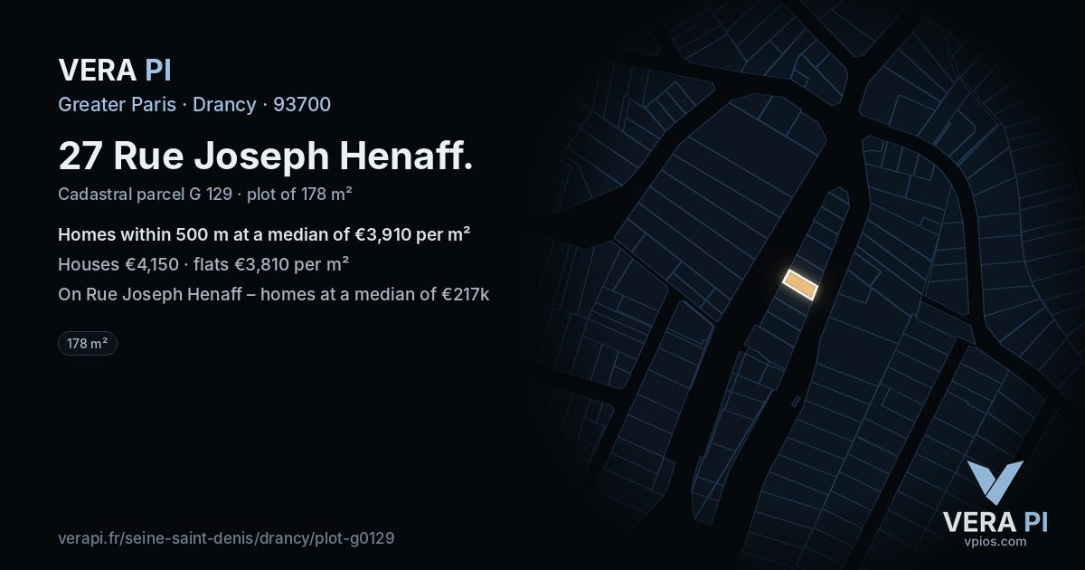 27 Rue Joseph Henaff, Drancy at night – the plot lit, the parcels around coloured by the prices near them