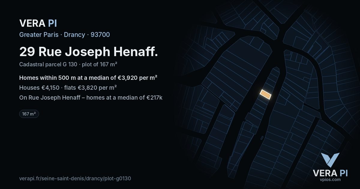 29 Rue Joseph Henaff, Drancy at night – the plot lit, the parcels around coloured by the prices near them