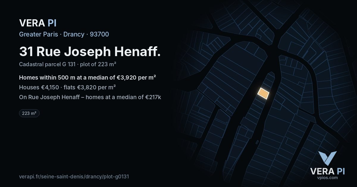 31 Rue Joseph Henaff, Drancy at night – the plot lit, the parcels around coloured by the prices near them