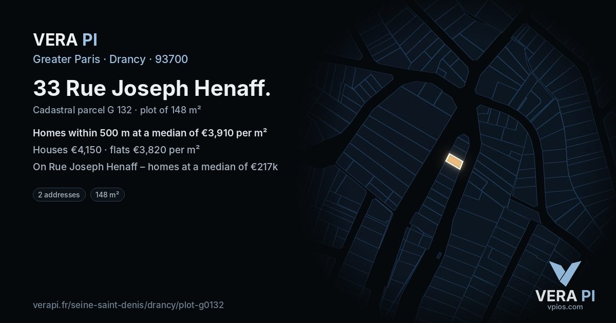 33 Rue Joseph Henaff, Drancy at night – the plot lit, the parcels around coloured by the prices near them