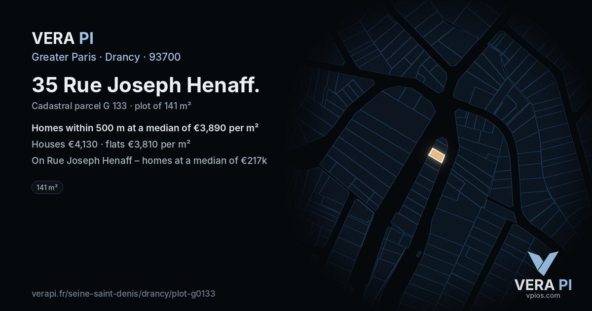 35 Rue Joseph Henaff, Drancy at night – the plot lit, the parcels around coloured by the prices near them