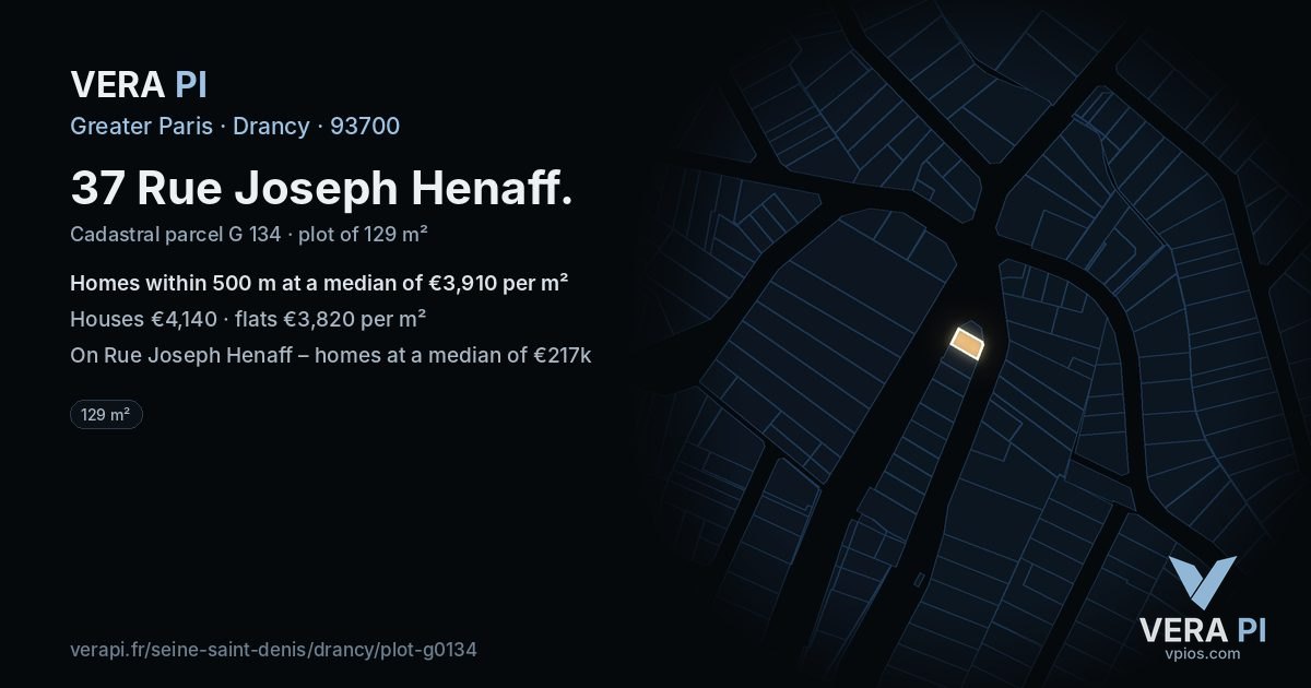 37 Rue Joseph Henaff, Drancy at night – the plot lit, the parcels around coloured by the prices near them