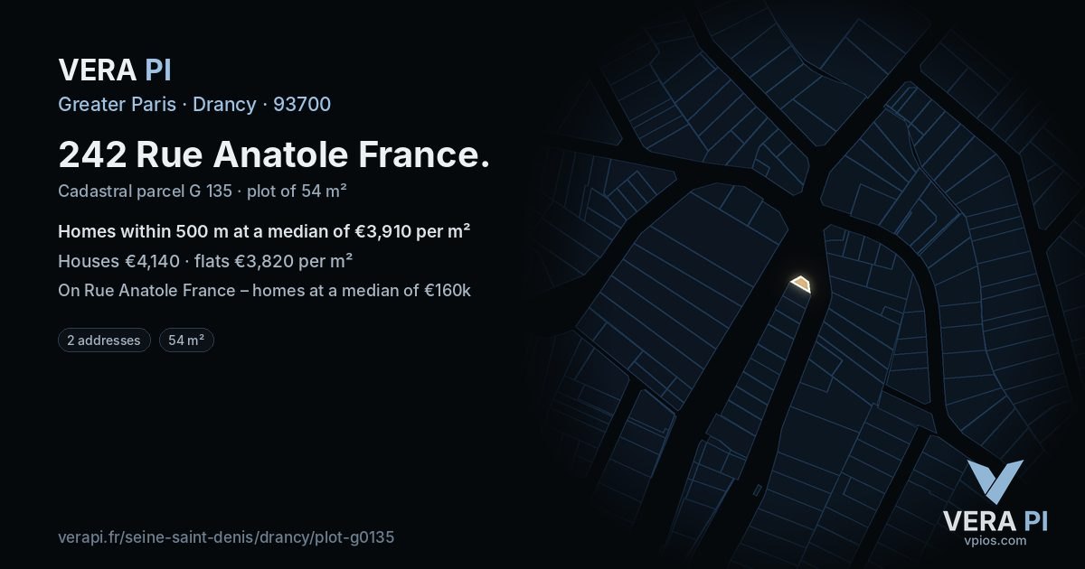 242 Rue Anatole France, Drancy at night – the plot lit, the parcels around coloured by the prices near them