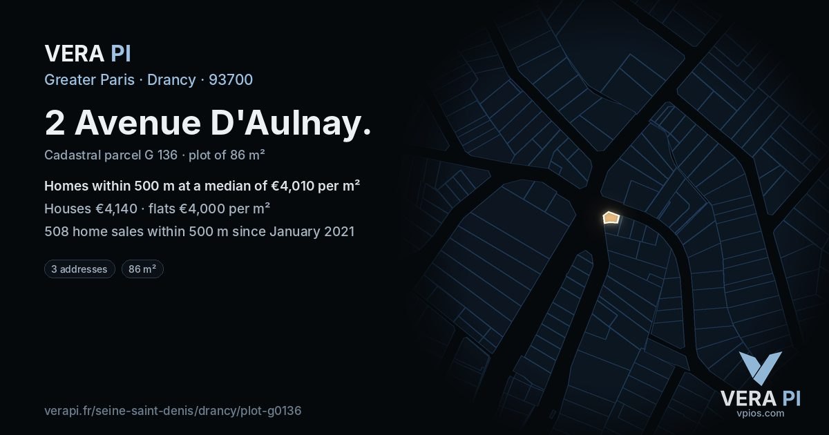 2 Avenue D'Aulnay, Drancy at night – the plot lit, the parcels around coloured by the prices near them