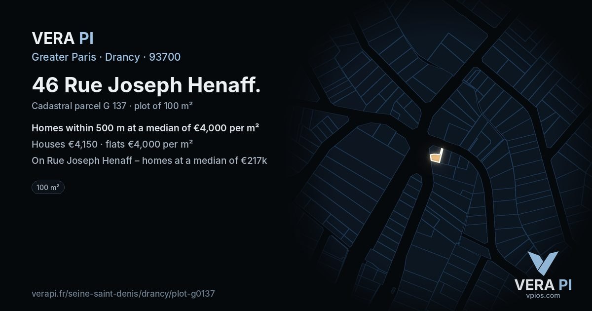 46 Rue Joseph Henaff, Drancy at night – the plot lit, the parcels around coloured by the prices near them