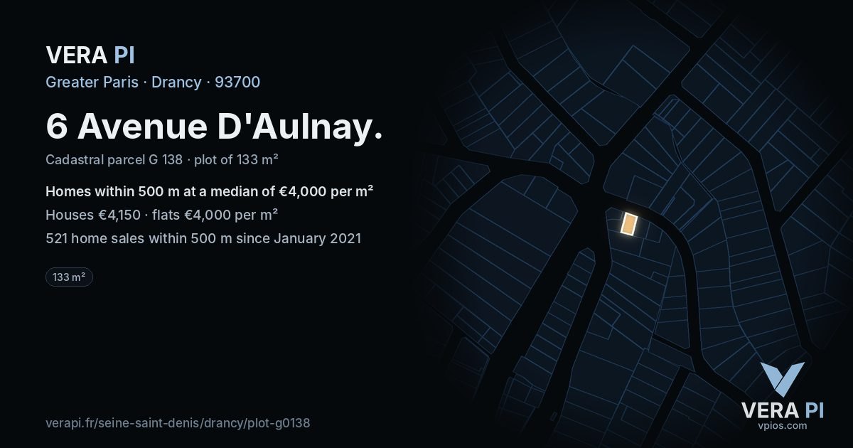 6 Avenue D'Aulnay, Drancy at night – the plot lit, the parcels around coloured by the prices near them