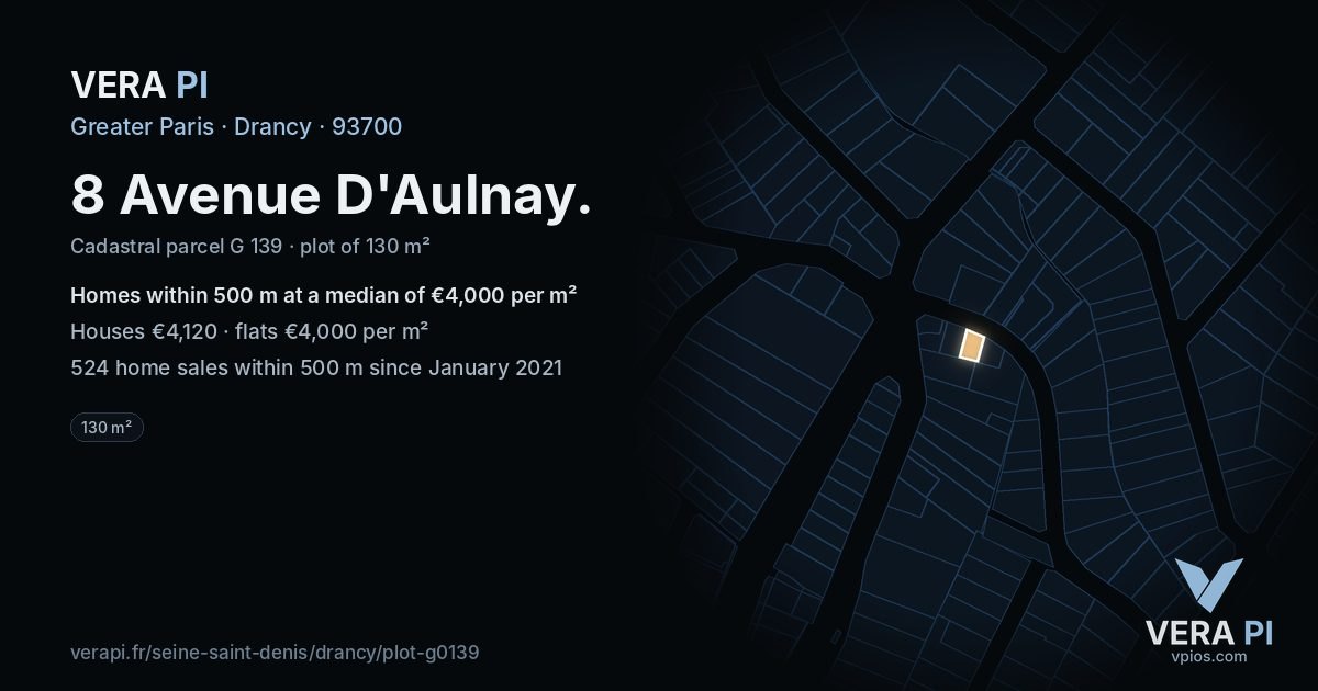 8 Avenue D'Aulnay, Drancy at night – the plot lit, the parcels around coloured by the prices near them
