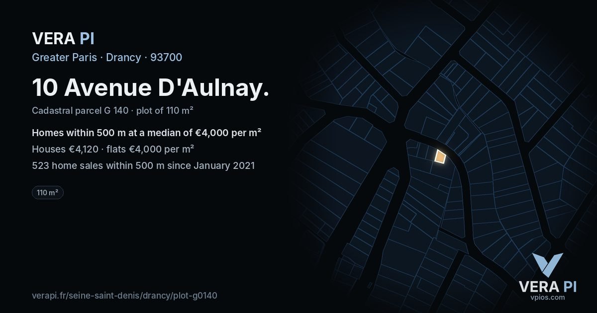 10 Avenue D'Aulnay, Drancy at night – the plot lit, the parcels around coloured by the prices near them