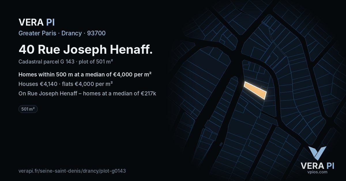 40 Rue Joseph Henaff, Drancy at night – the plot lit, the parcels around coloured by the prices near them
