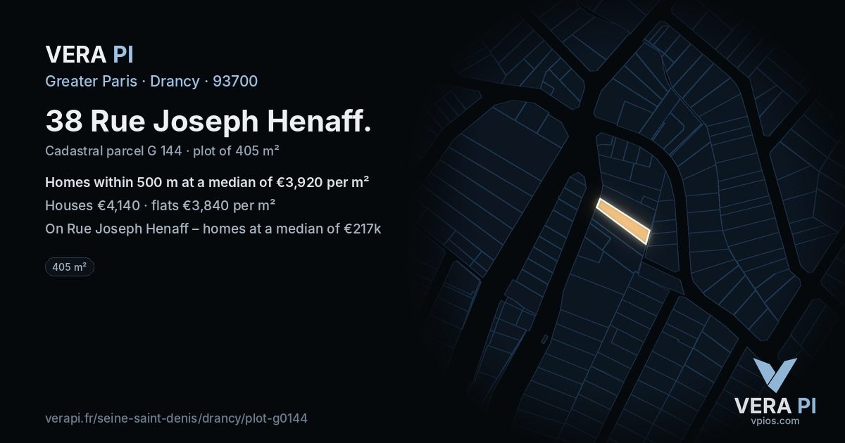 38 Rue Joseph Henaff, Drancy at night – the plot lit, the parcels around coloured by the prices near them