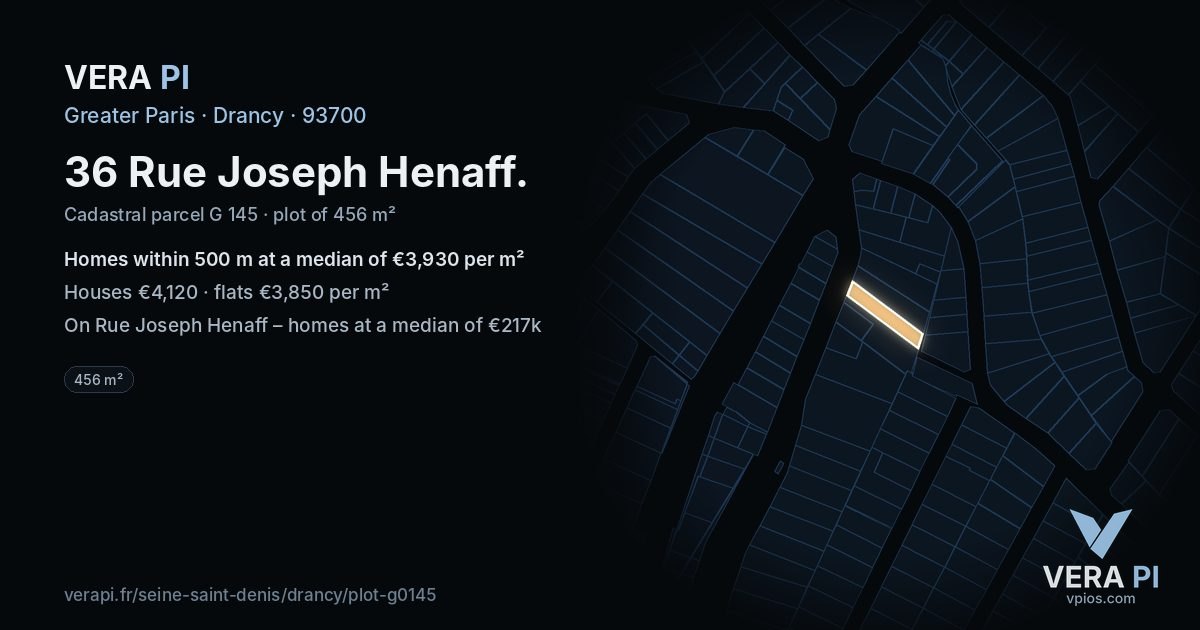 36 Rue Joseph Henaff, Drancy at night – the plot lit, the parcels around coloured by the prices near them